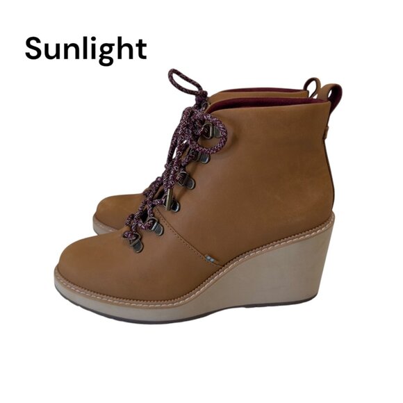 Toms Melrose Womens Tan Suede Wedge Booties With Burgundy Lace-Up Detail SZ 8.5 - Picture 10 of 14